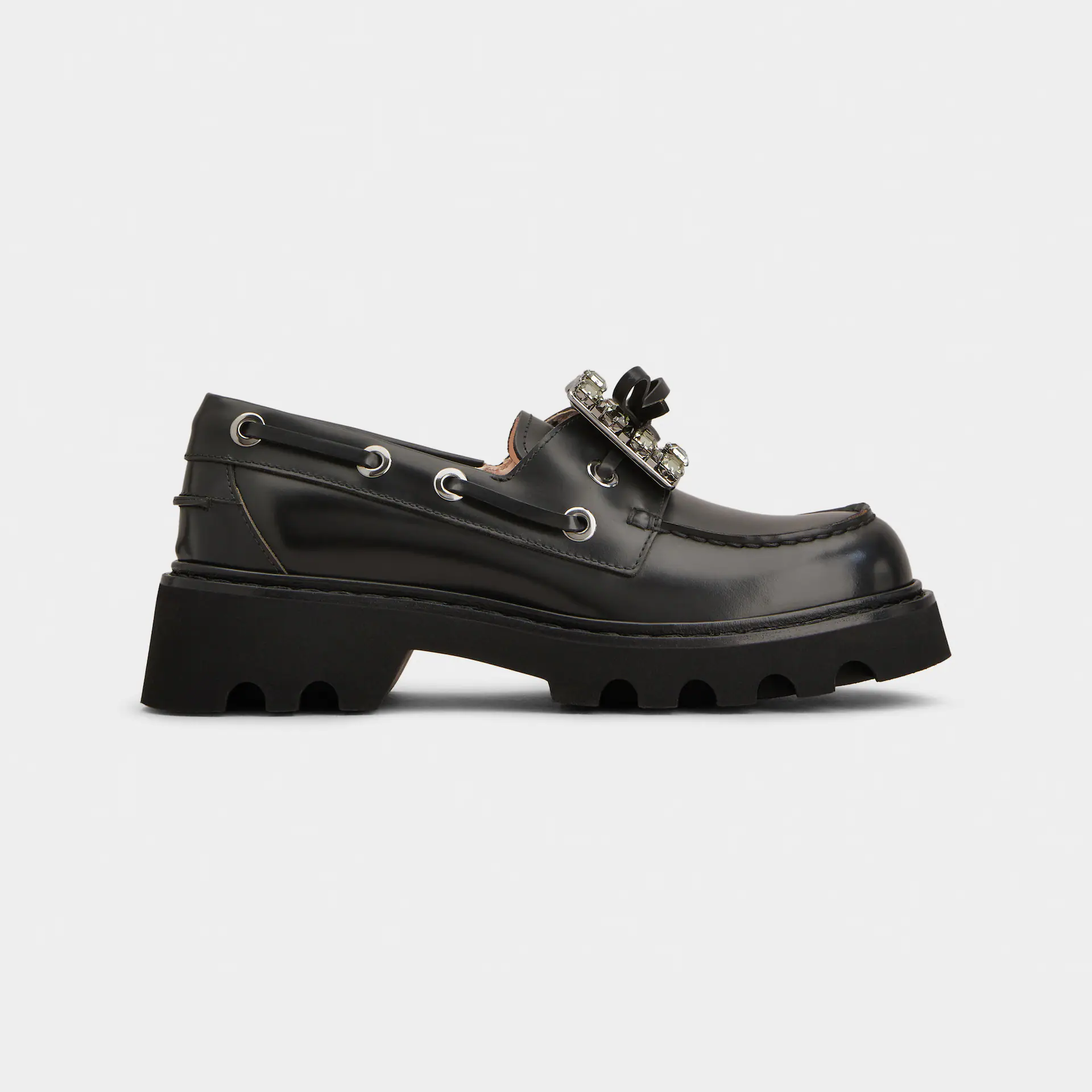 Roger Vivier Viv' Rangers Truck Boat Shoes Loafers In Black Leather With Crystal Buckle (Heel Height 4.5cm)