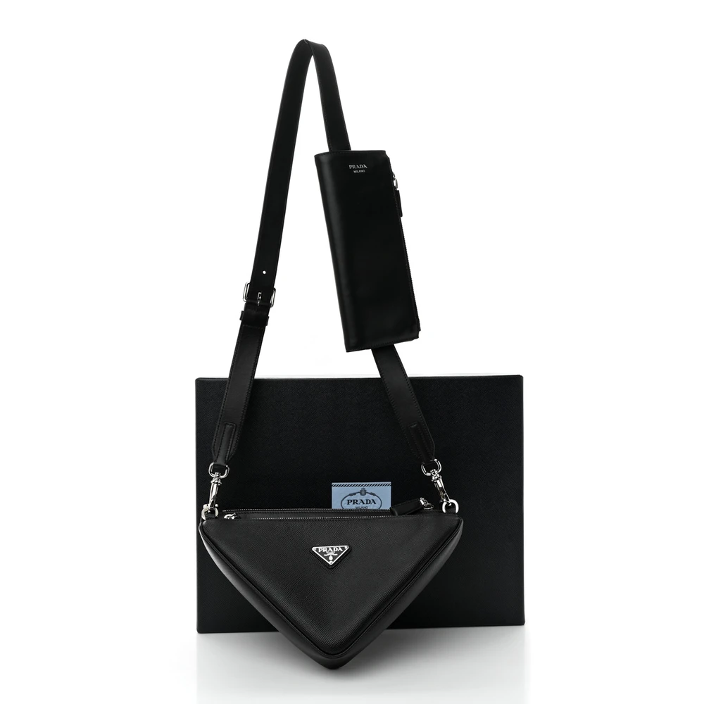 Prada Medium Double Triangle Shoulder Bag Black Vitello Saffiano Cuir Leather Silver Hardware