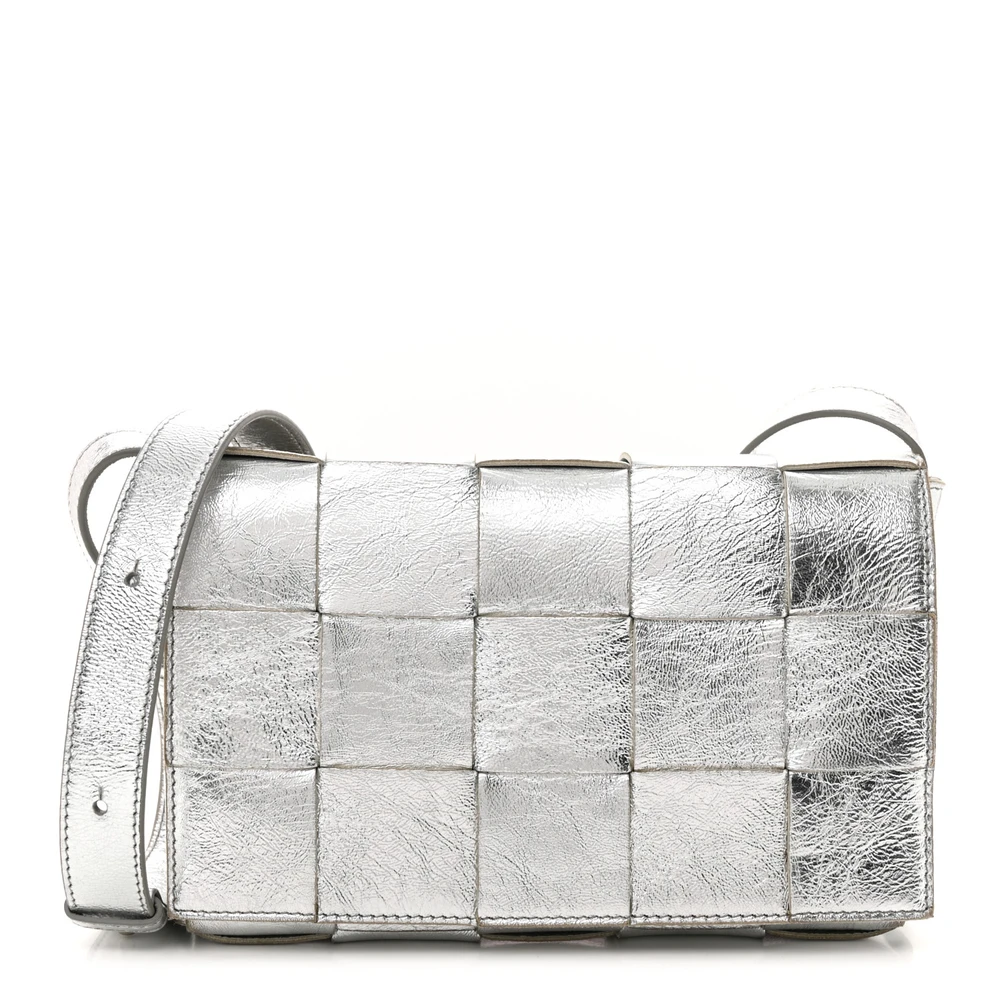 Bottega Veneta Maxi Intrecciato Cassette Crossbody Bag Metallic Silver Lambskin Leather