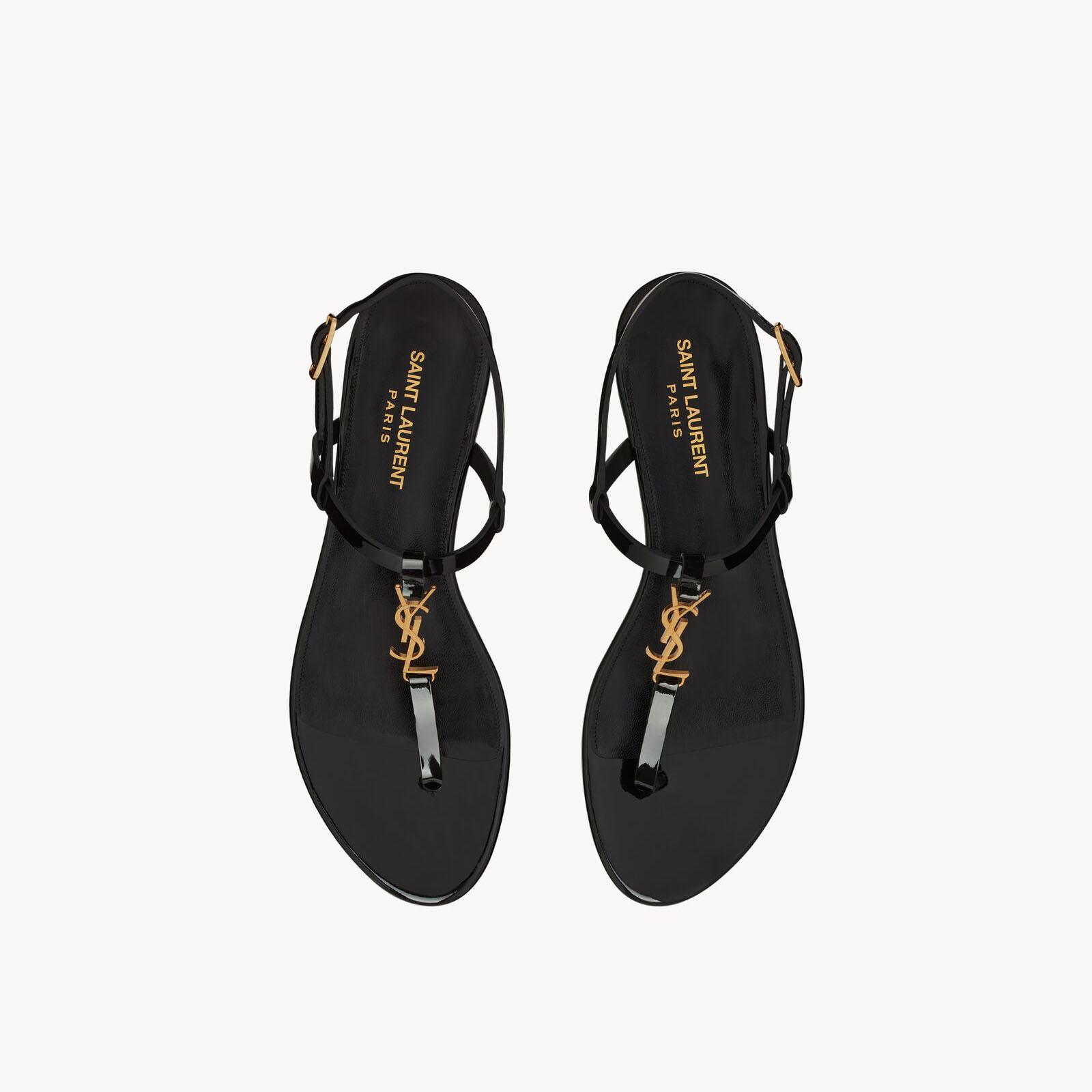 Yves Saint Laurent YSL logo patent leather black flat sandals