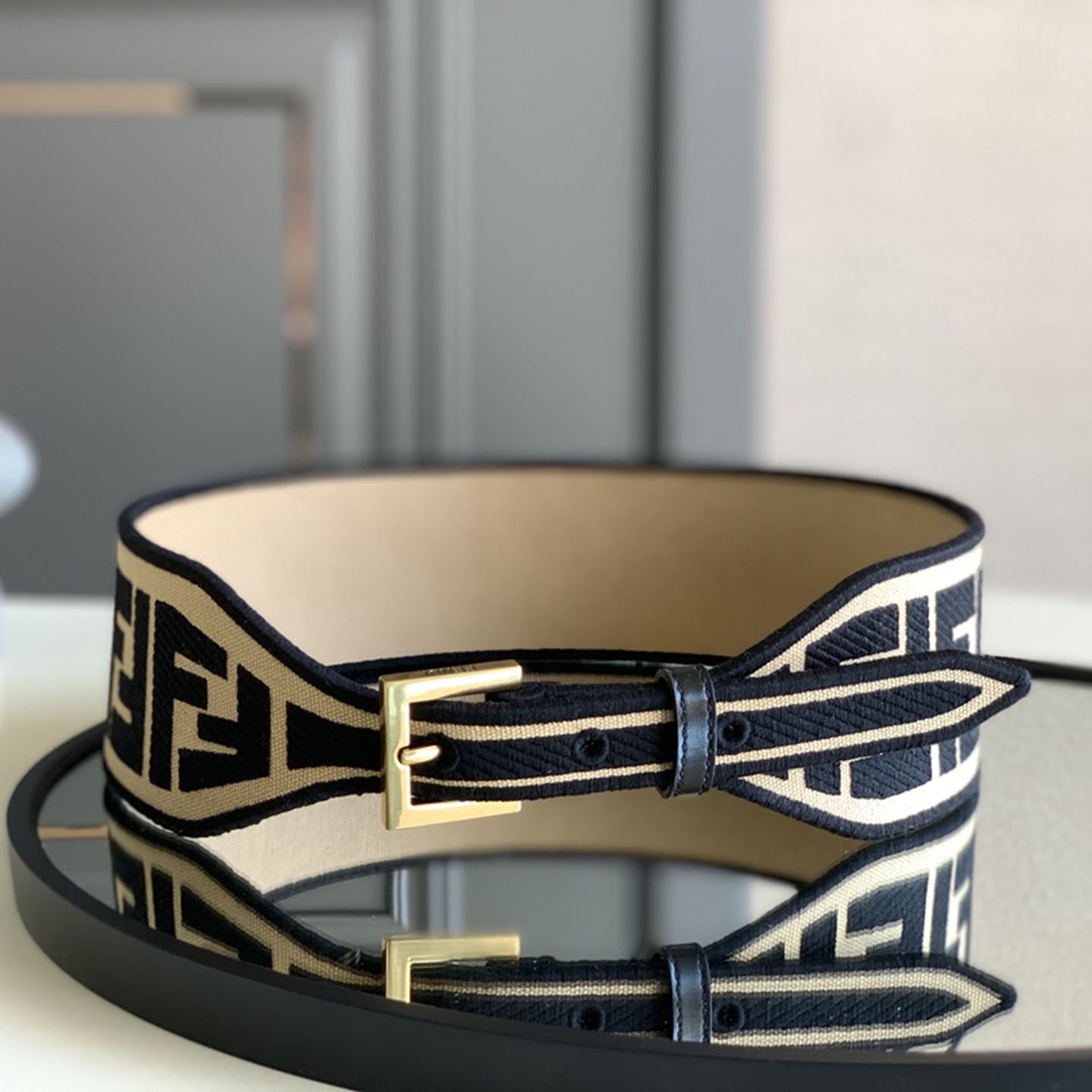 Fendi Women's Belt In Green/Black/Beige/Yellow FF Logo Embroidery Canvas With Gold Hardware 60mm