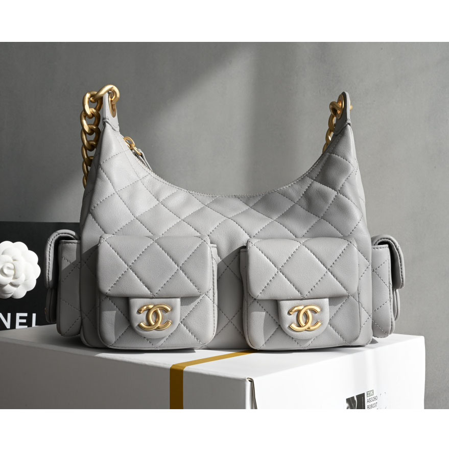Chanel Quilted Lambskin Leather Grey /Black Shoulder Bags