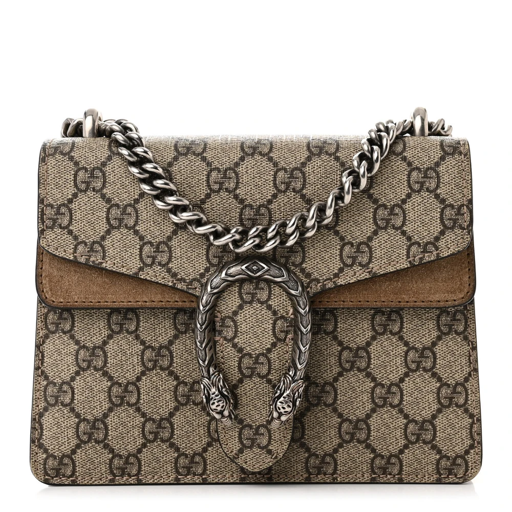 Gucci Mini Dionysus Shoulder Bag Taupe GG Supreme Monogram Canvas Aged Silver Hardware