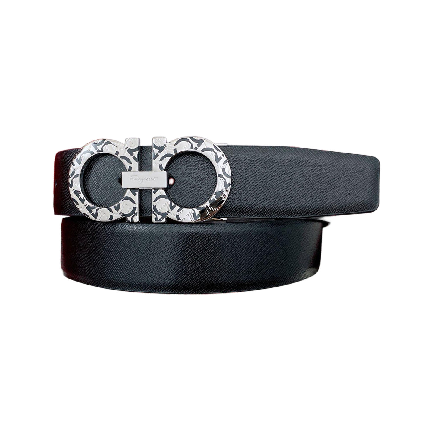 Ferragamo Men's Double Gancini Buckle Belt In Black/Coffee Grained Calfskin With Silver Hardware 35mm
