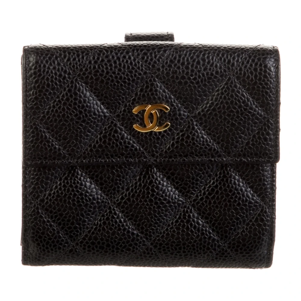 Chanel Medium Interlocking CC Logo Compact Wallet Black Caviar Leather Gold Hardware