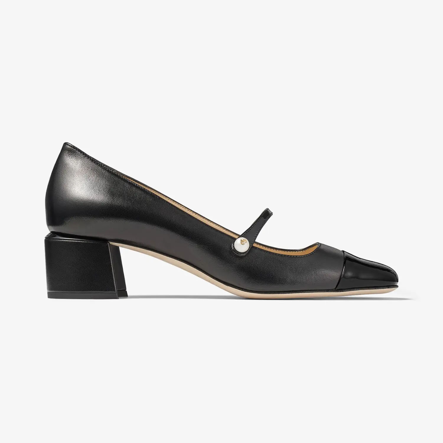 JIMMY CHOO Black leather and Patent paint leather heels Square head and thick heel shoes