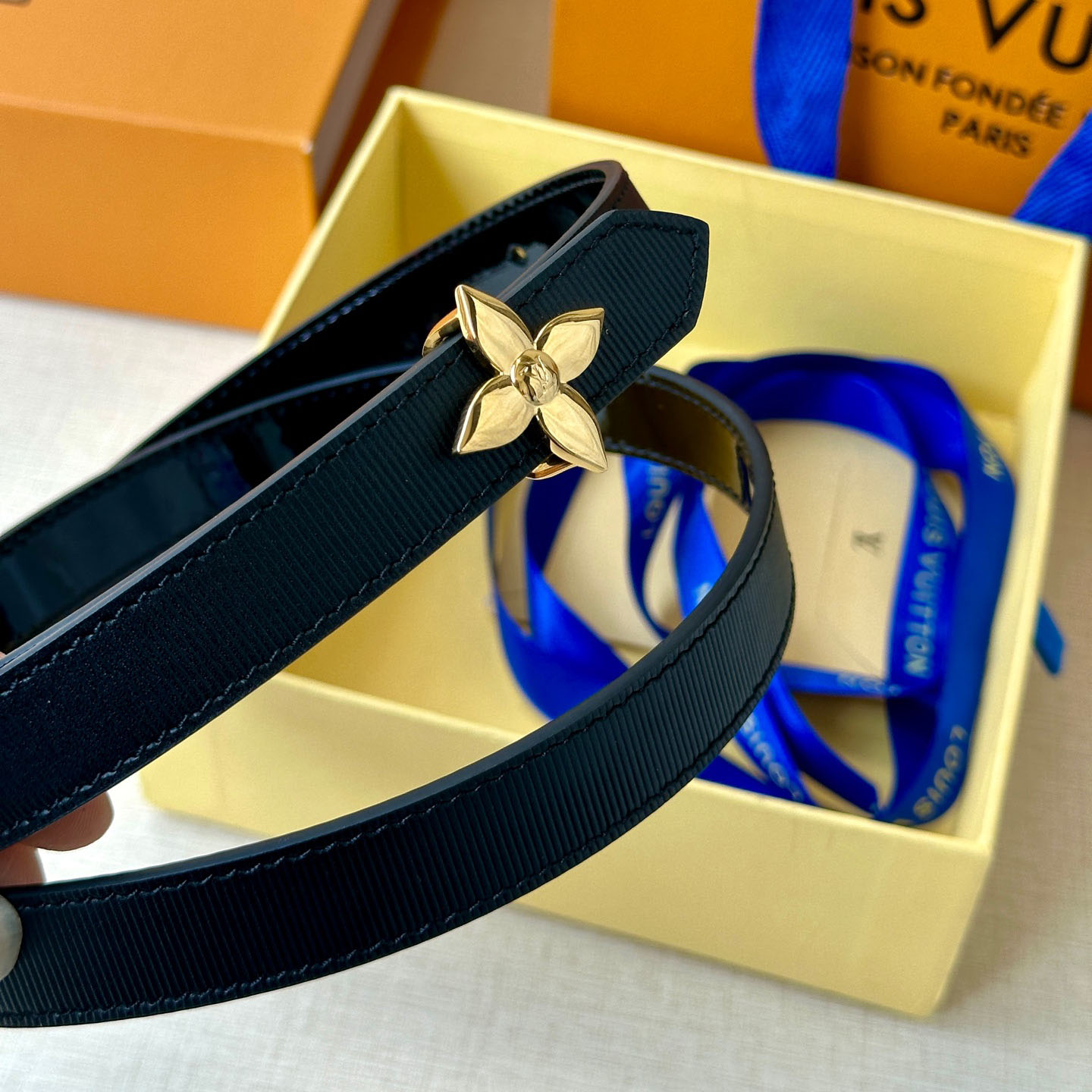 Louis Vuitton Women's Flowergram Reversible Belt In Black/White/Blue Monogram Reverse Canvas With Gold/Silver Hardware 20mm