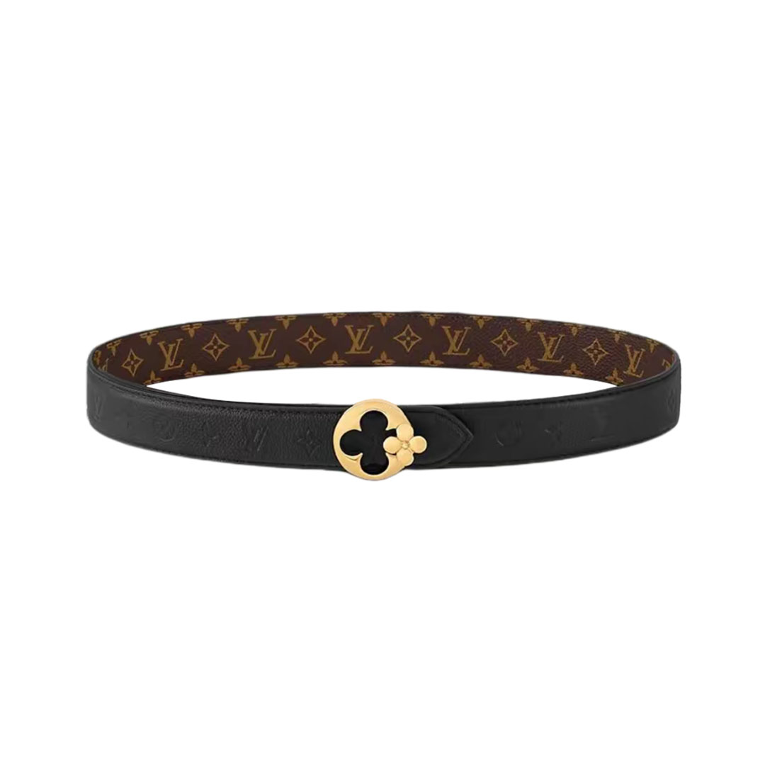 Louis Vuitton Women's Flowergram Round Buckle Reversible Belt In Black/White/Brown Calfskin And Monogram Canvas With Gold Hardware 30mm
