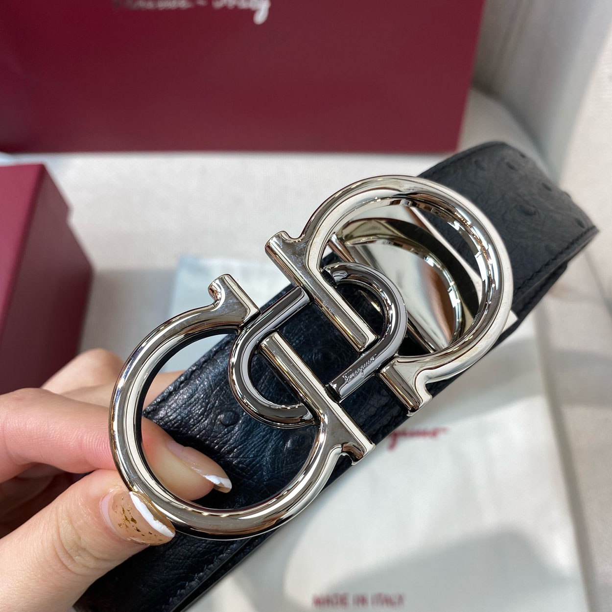 Ferragamo Men's Double Gancini Buckle Belt In Black Ostrich Grain Calfskin With Gold/Silver Hardware 35mm