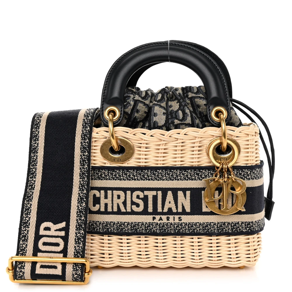Dior Mini Lady Dior Wicker & Blue Oblique Canvas Gold Hardware