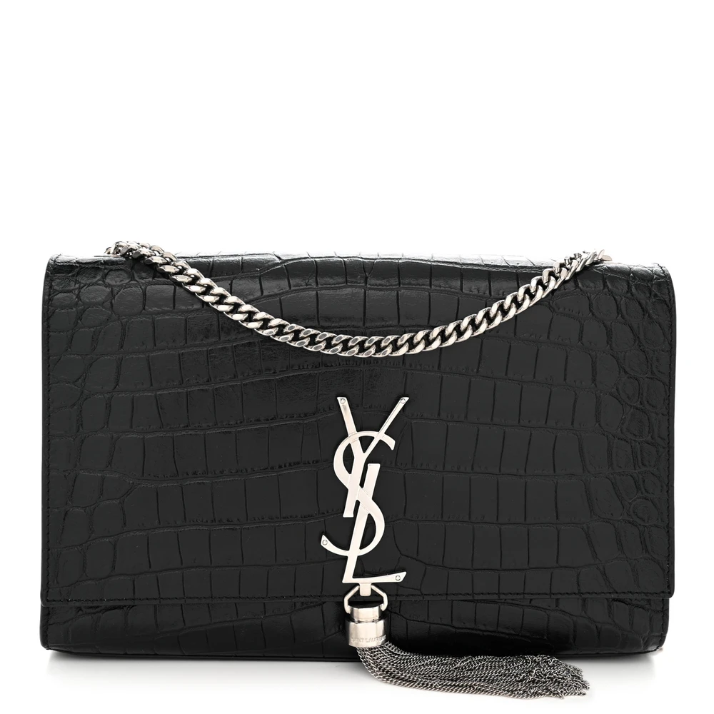 Saint Laurent Medium Kate Tassel Satchel Black Embossed Classic Monogram Calfskin & Crocodile Leather Silver Hardware