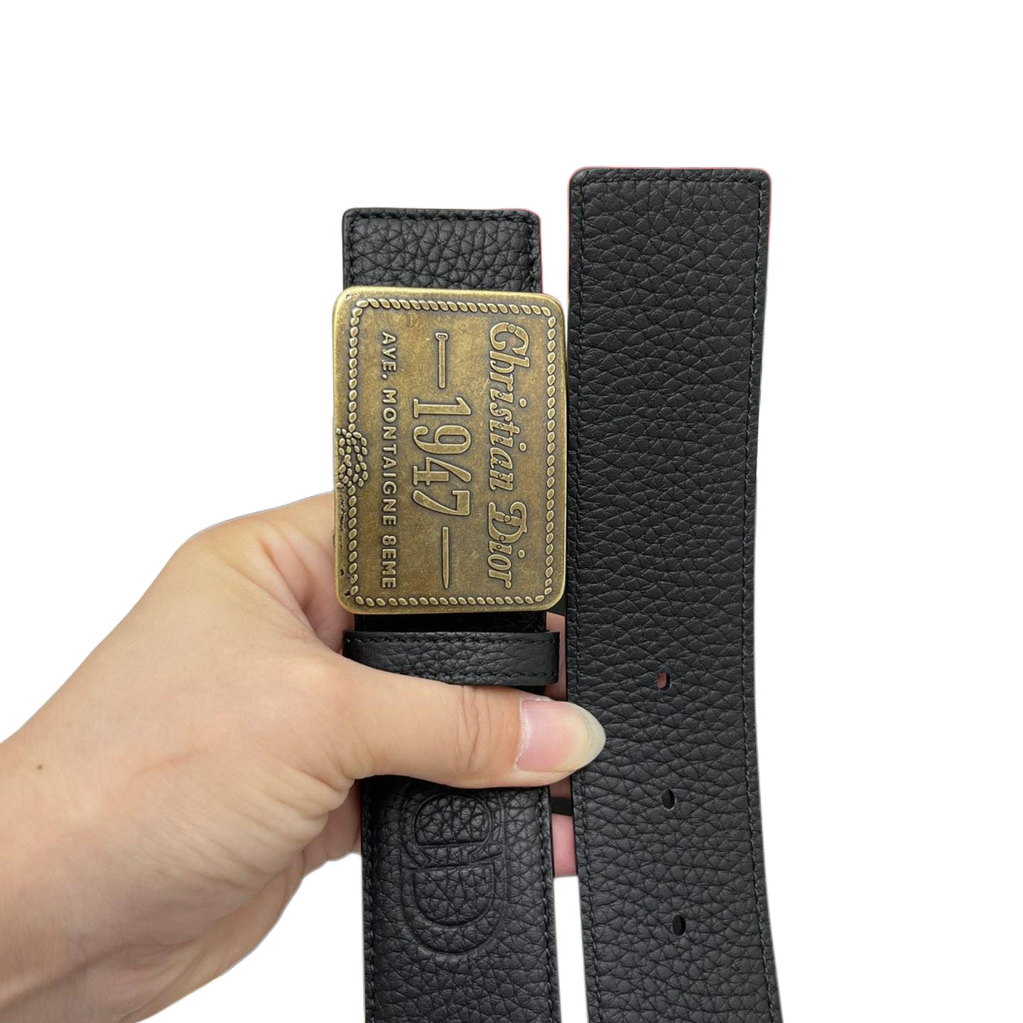 Dior Men' s Montaigne Avenue Square Buckle Belt In Black/White Grained Calfskin With Silver/Gold Hardware 40mm