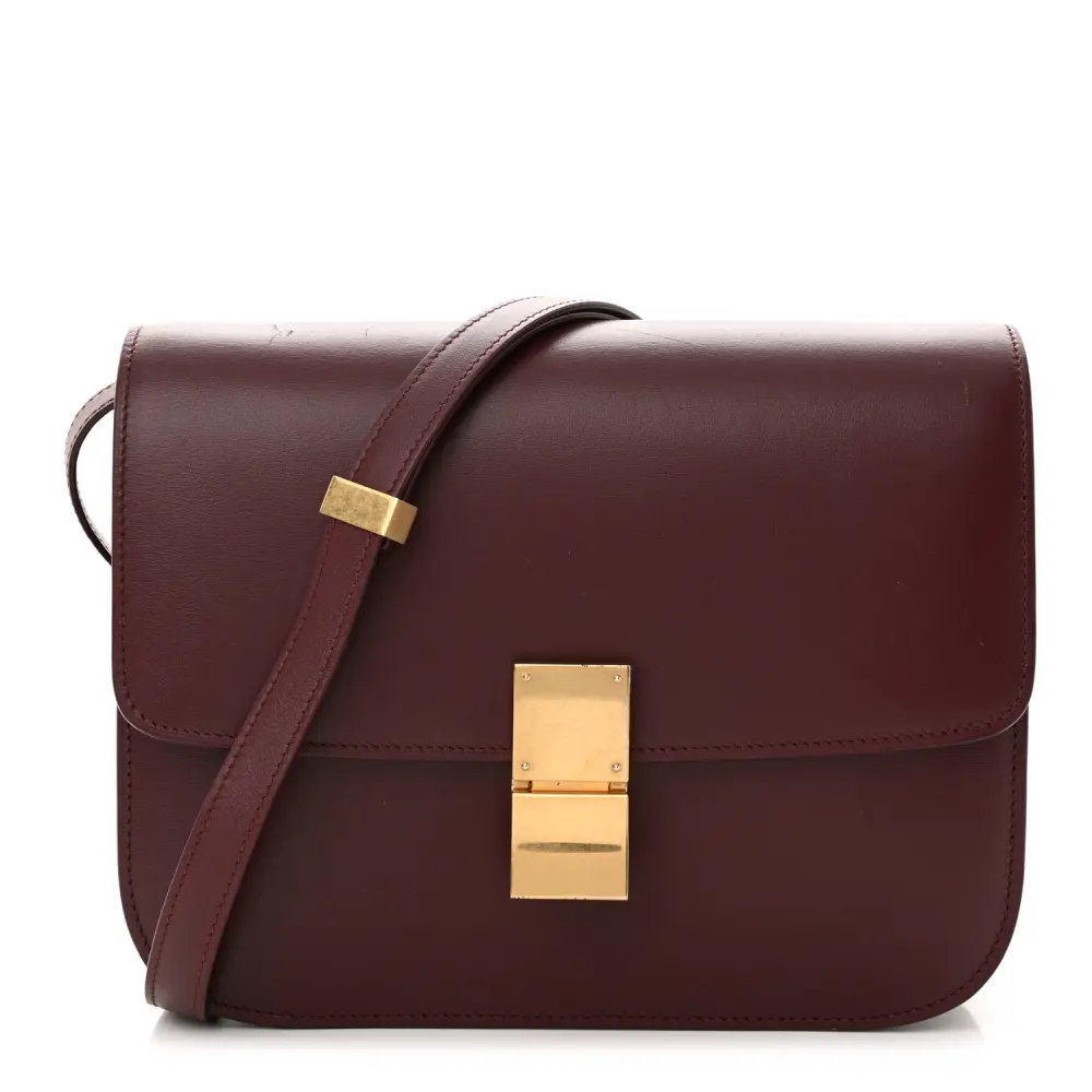 Celine Medium Classic Box Flap Bag Burgundy Box Calfskin Leather Gold Hardware