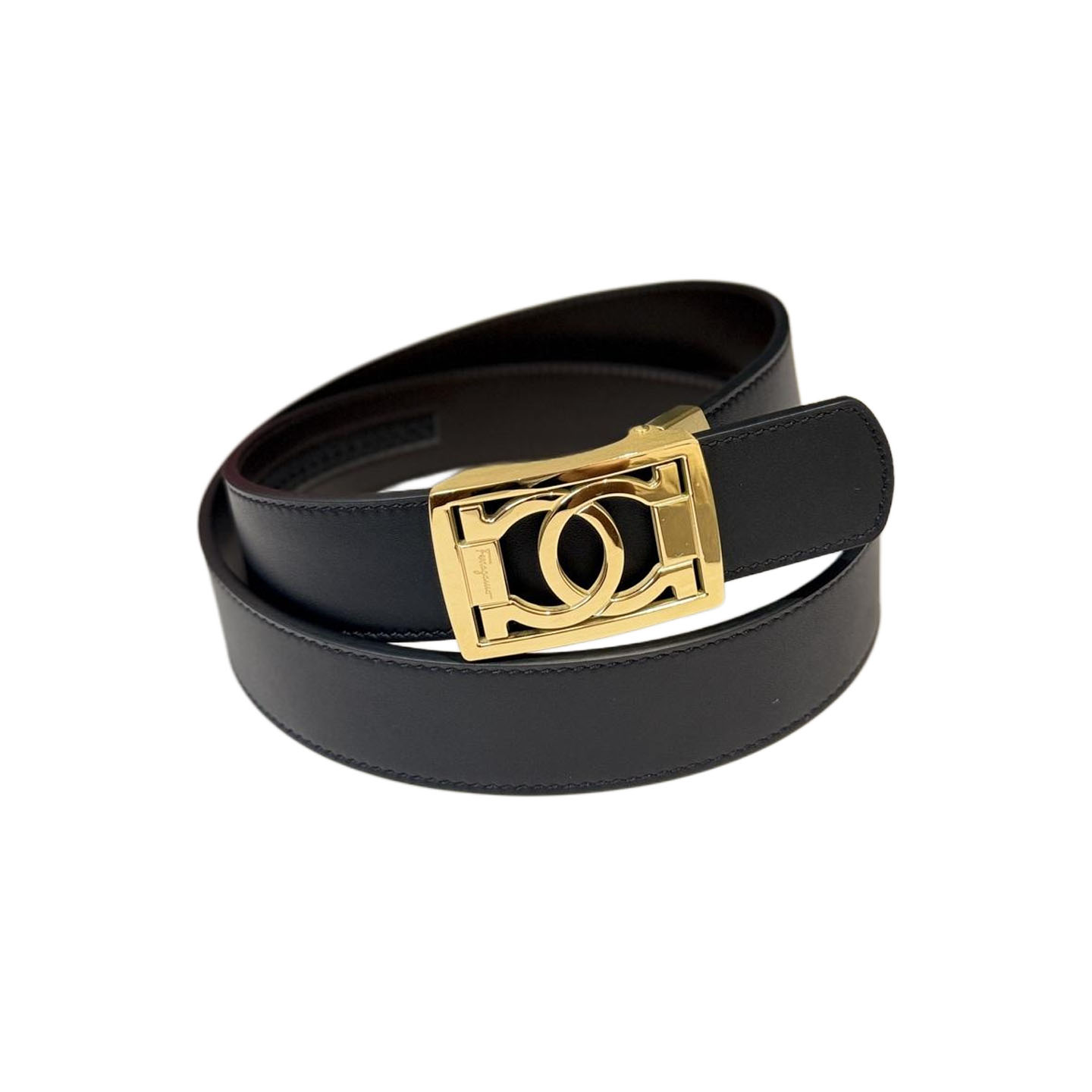 Ferragamo Men's Square Buckle Belt In Black Smooth Calfskin With Gold/Silver Hardware 35mm