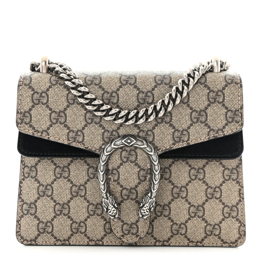 Gucci Mini Dionysus Shoulder Bag Black GG Supreme Monogram Canvas Aged Silver Hardware