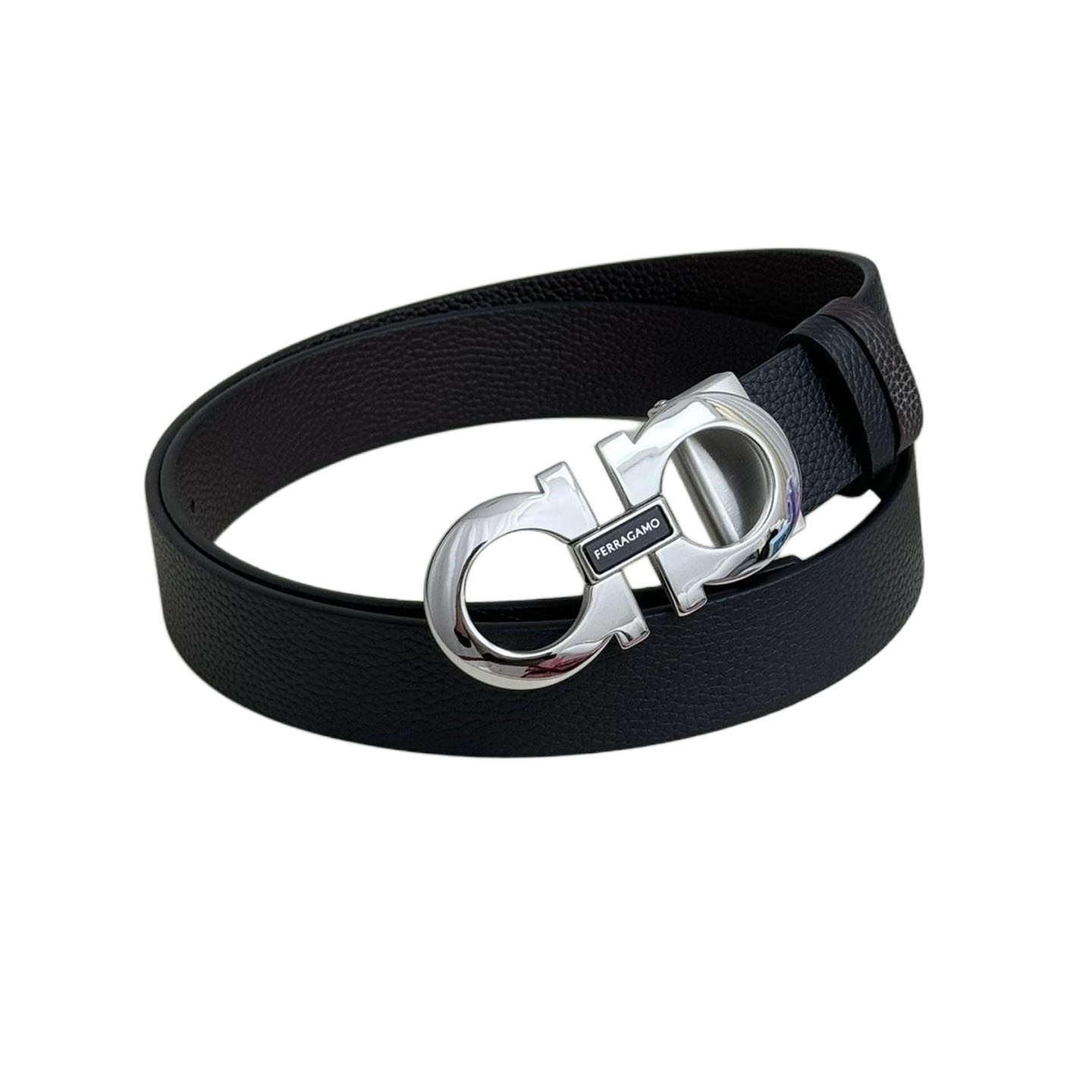 Ferragamo Men's Double Gancini Buckle Belt In Black Grained Calfskin With Gold/Silver/Black Hardware 35mm