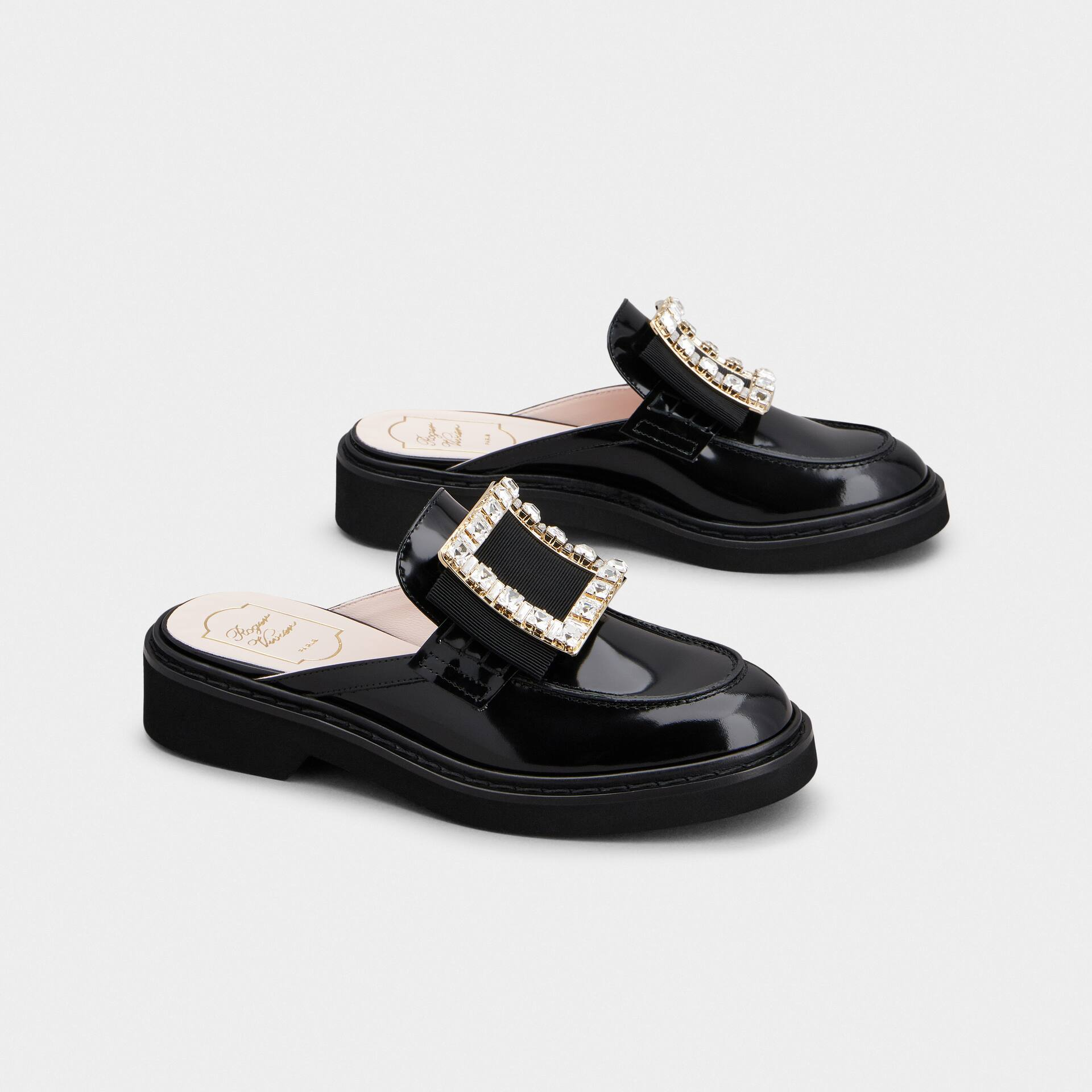 Roger Vivier Viv' Rangers Mules Loafers In Black Patent Leather With Crystal Buckle