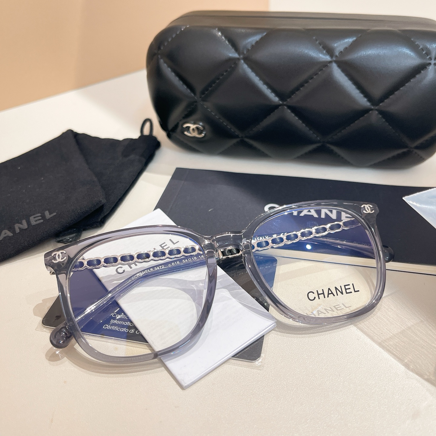 CHANEL transparent square frame glasses silver color size 53口19-145