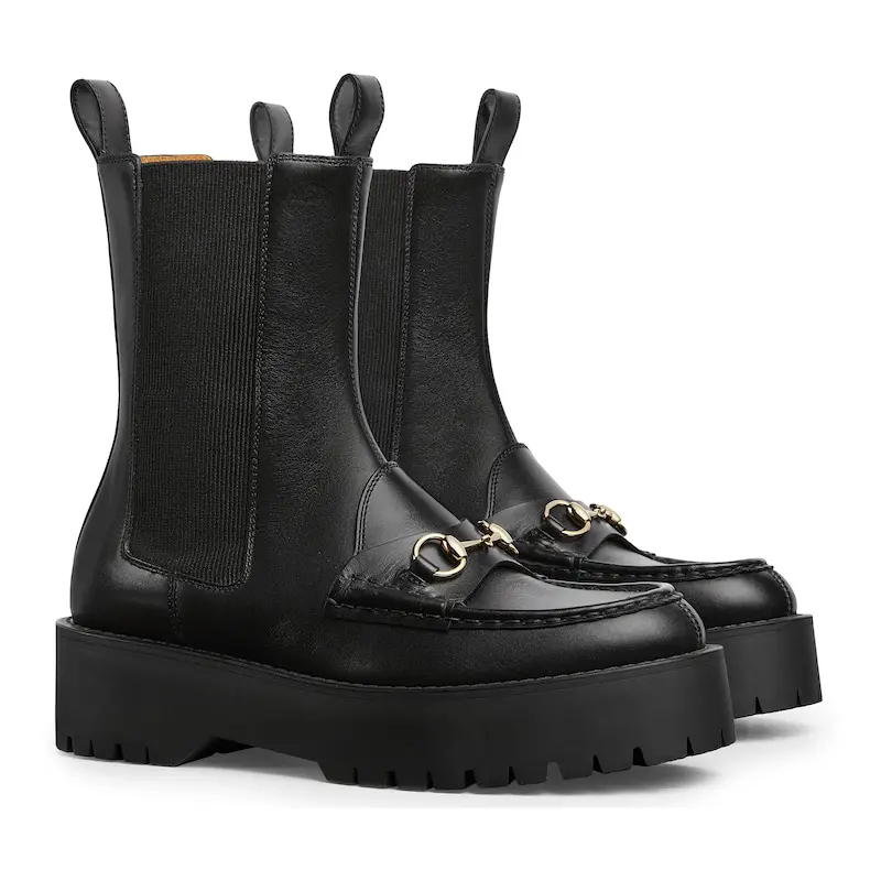 Gucci black Groove sole horseneck buckle boots