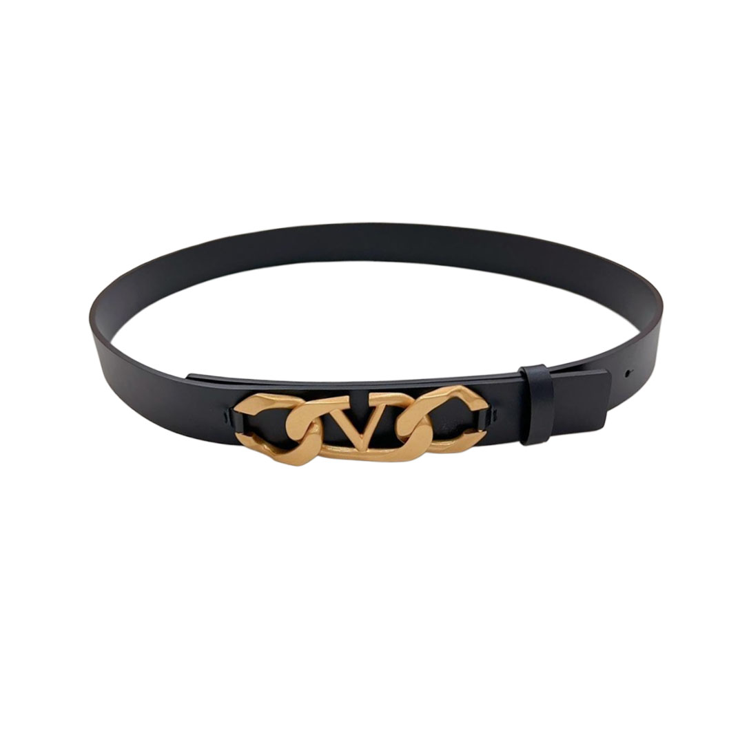Valentino Irregular V Buckle Belt In Black/Brown/Red Calfskin With Gold Hardware 20mm