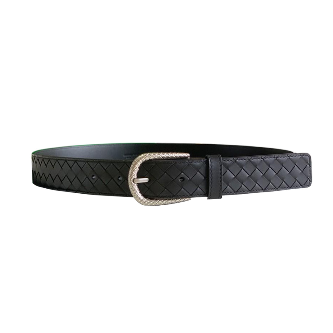 Bottega Veneta Men's Semicircle Buckle Intrecciato Belt In Black Calfskin With Matte Gun Black/Silver/Gold Hardware 35mm