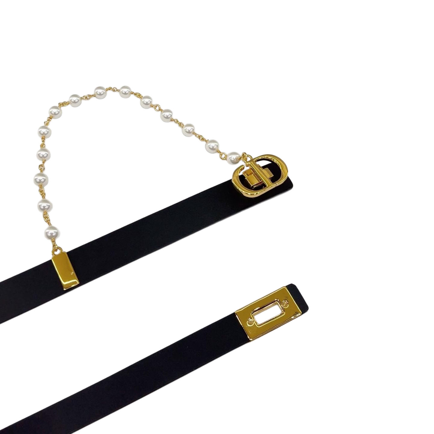 Dior Women' s Square Buckle With Pearls Caro Chain Belt In Black/Brown/White Calfskin With Gold Hardware 20mm