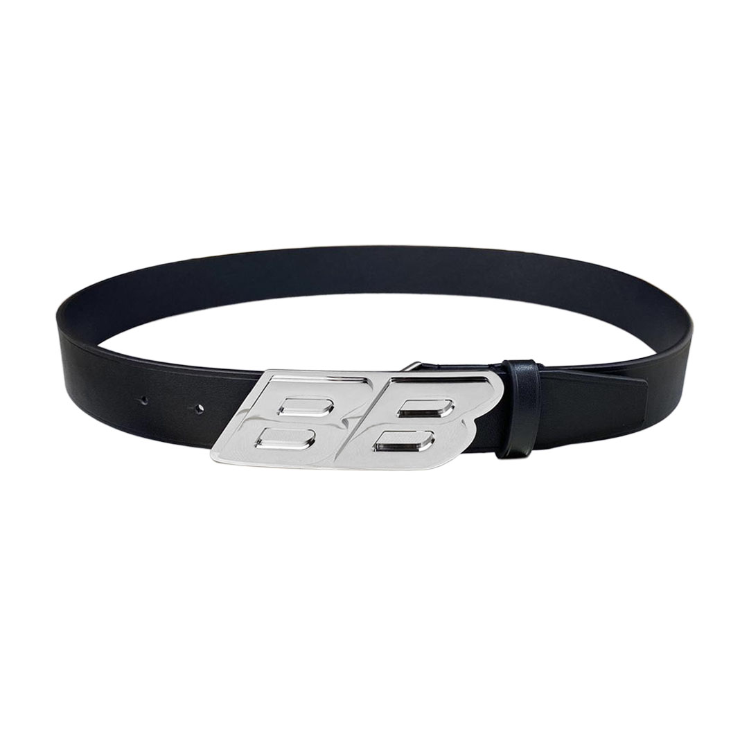 Balenciaga Men's Moto Logo Belt In Black Natural Calfskin With Gold/Silver Hardware 35mm