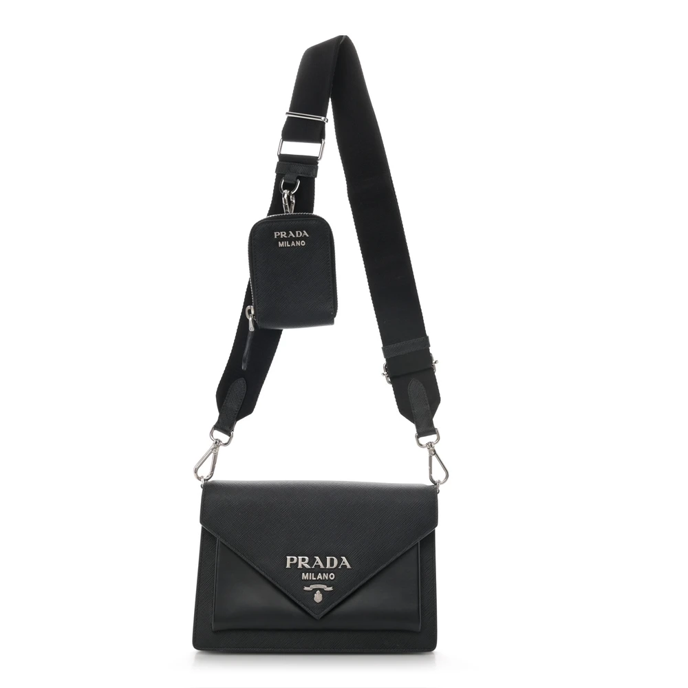 Prada Mini Envelope Bag Black Saffiano & City Calf Leather Silver Hardware
