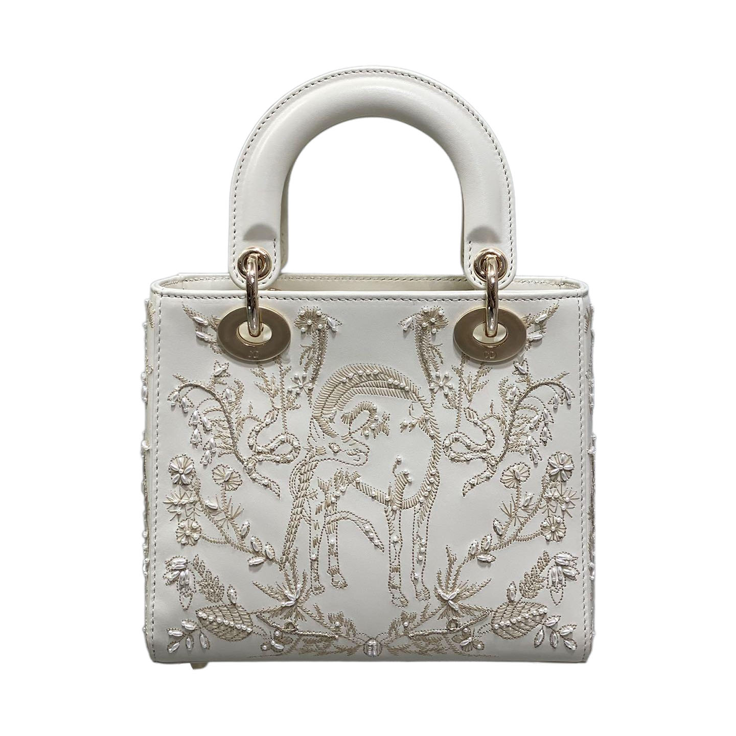 Dior Small Lady Dior Bag In White Calfskin Leather and White Satin Embroidered with Beads Light Gold Hardware
