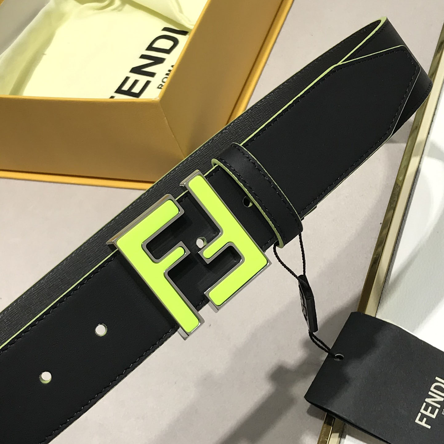 Fendi Men's Squared FF Buckle Belt In Black/Blue Smooth Calfskin With Silver Hardware 40mm