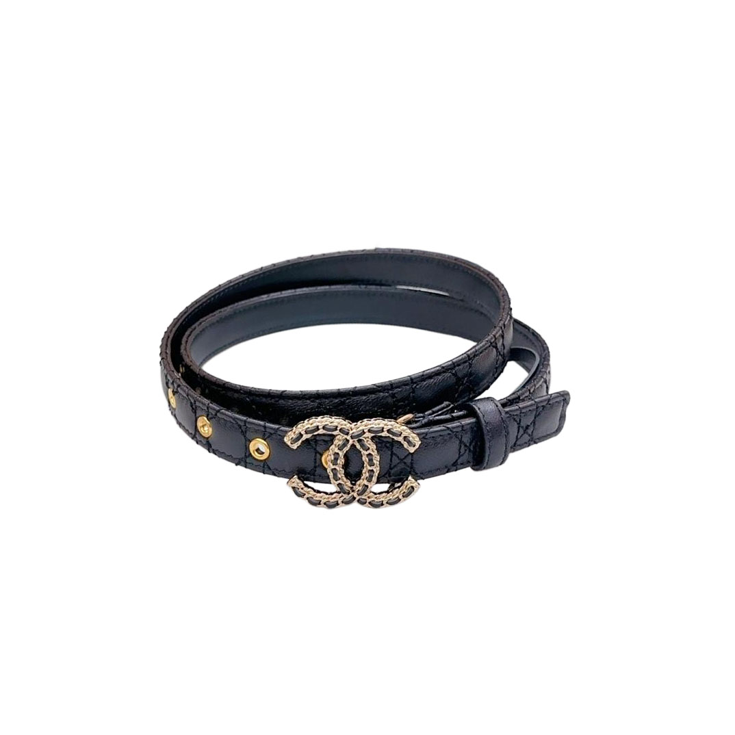 Chanel Women's CC Belt In Black/White/Beige/Brown Cannage Stitching Calfskin With Gold Hardware 20mm