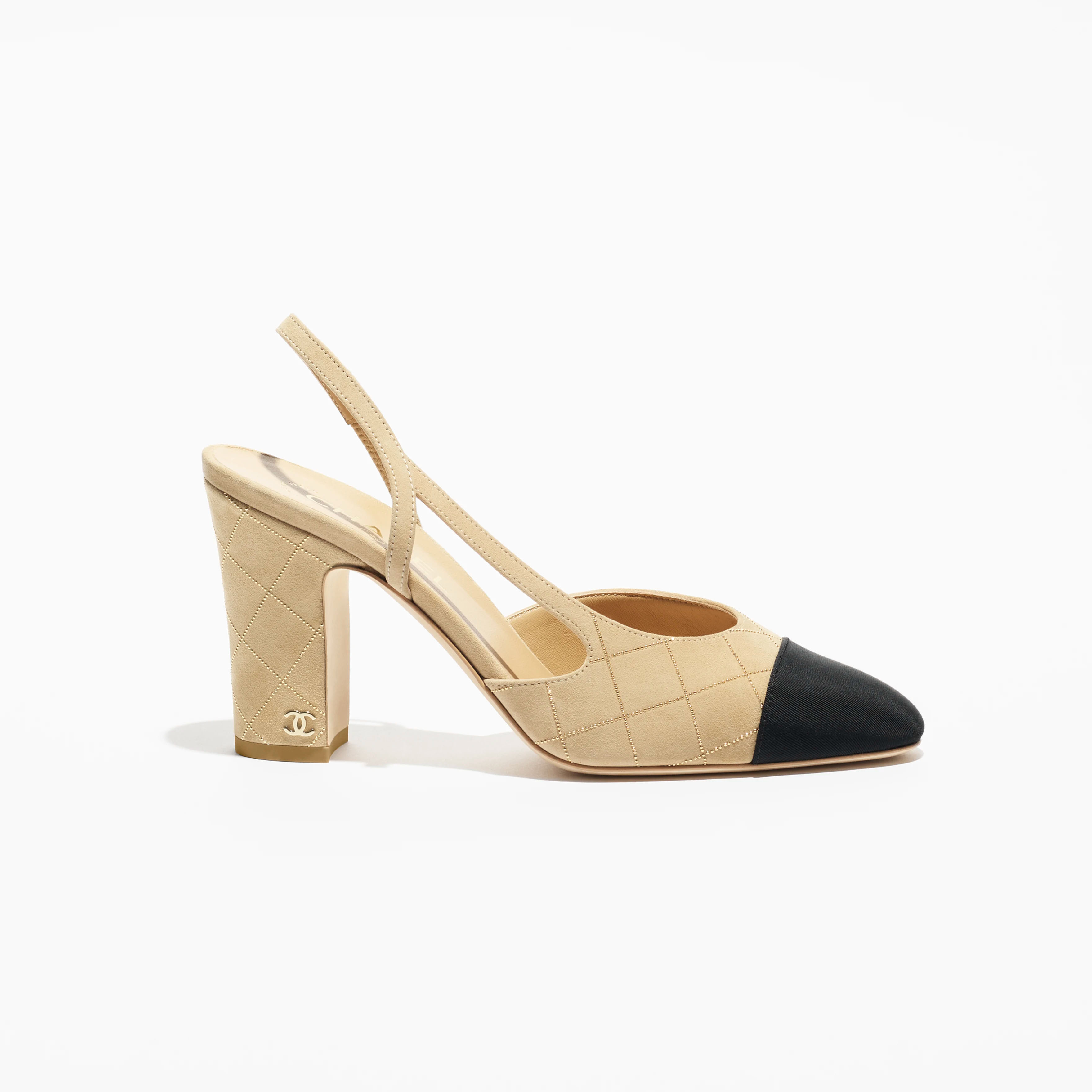 Chanel, Beige, gold and black .Suede, sheep leather and grosgrain, Rear lace up high heels High Heels Sandal