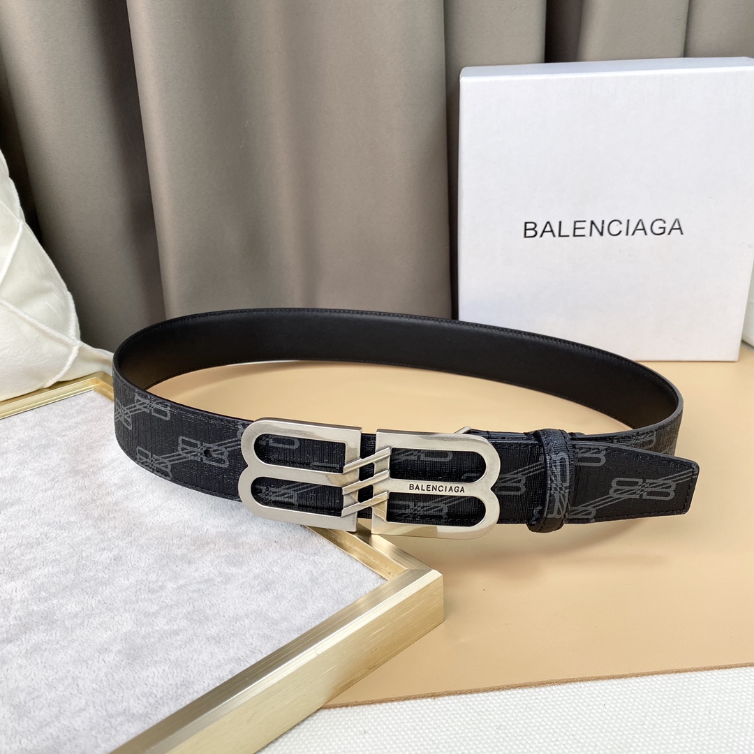 Balenciaga Men's BB Signature Belt In Black/Beige Bb Monogram Coated Canvas With Gold/Silver Hardware 38mm