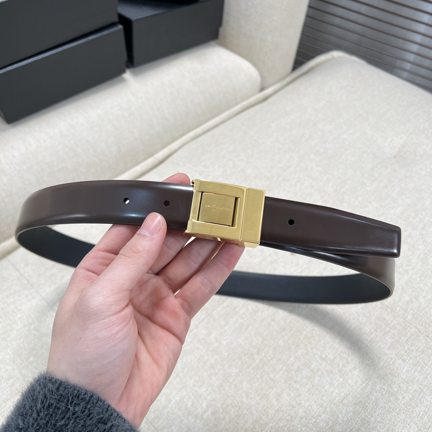 Saint Laurent LA 76 Belt In Burgundy/Black Smooth Calfskin With Gold/Silver Hardware 30mm