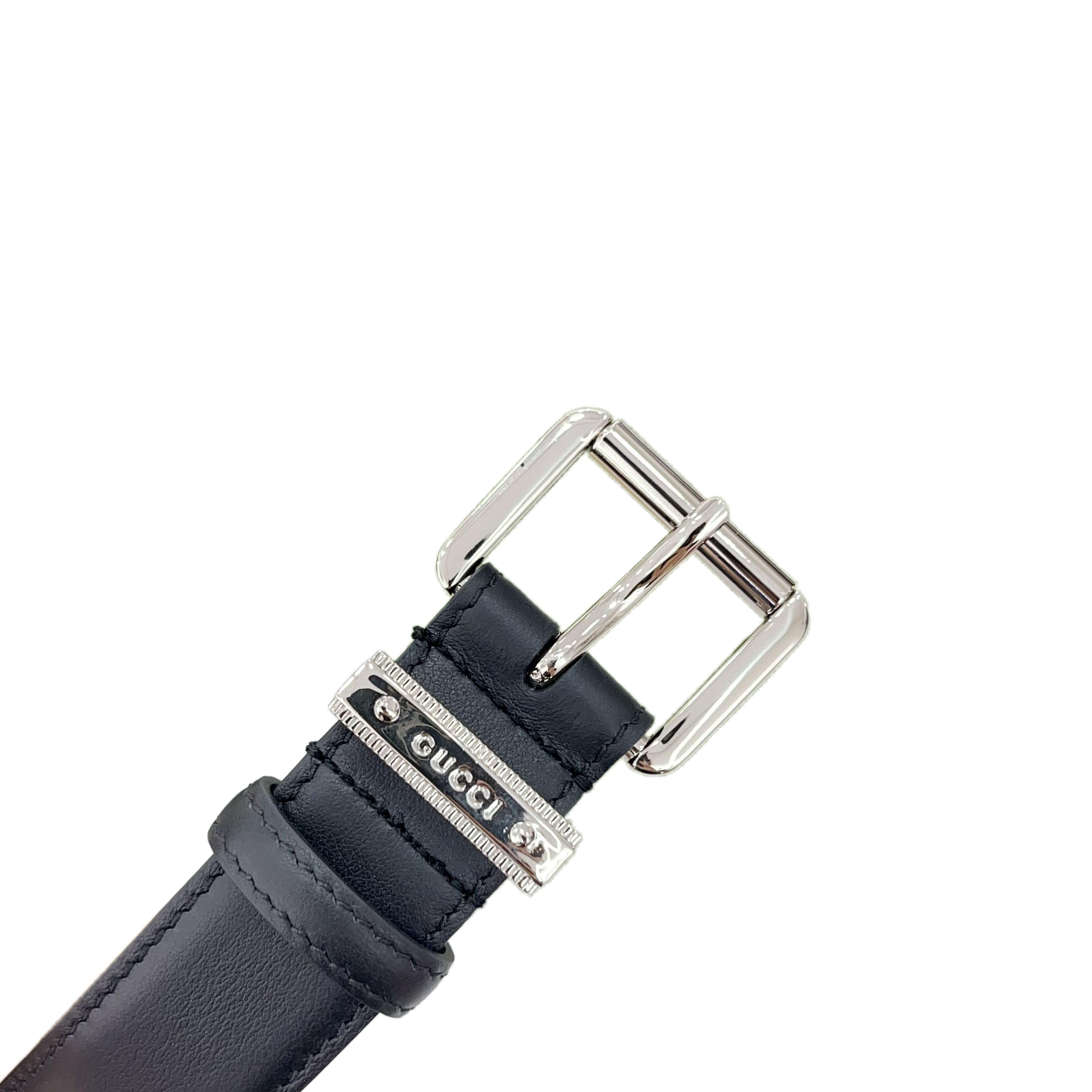 Gucci Women's Emblem Belt With Square Buckle In Black/Brown Calfskin And Beige/Black Monogram Canvas With Gold/Silver/Gun Black Hardware 30mm