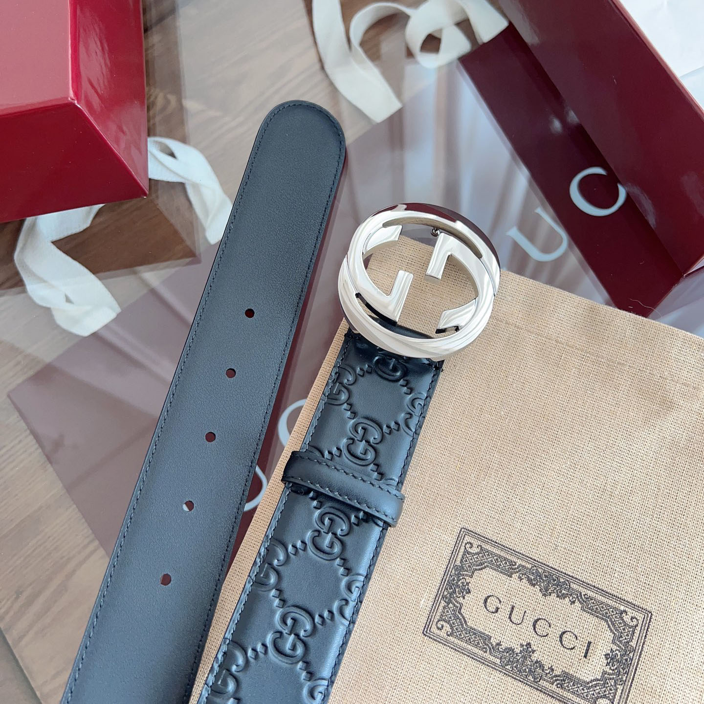 Gucci Men's Interlocking G Buckle And Interlocking G Belt In Black/Brown Marmont In Calfskin/Canvas With Gold/Silver Hardware 40mm