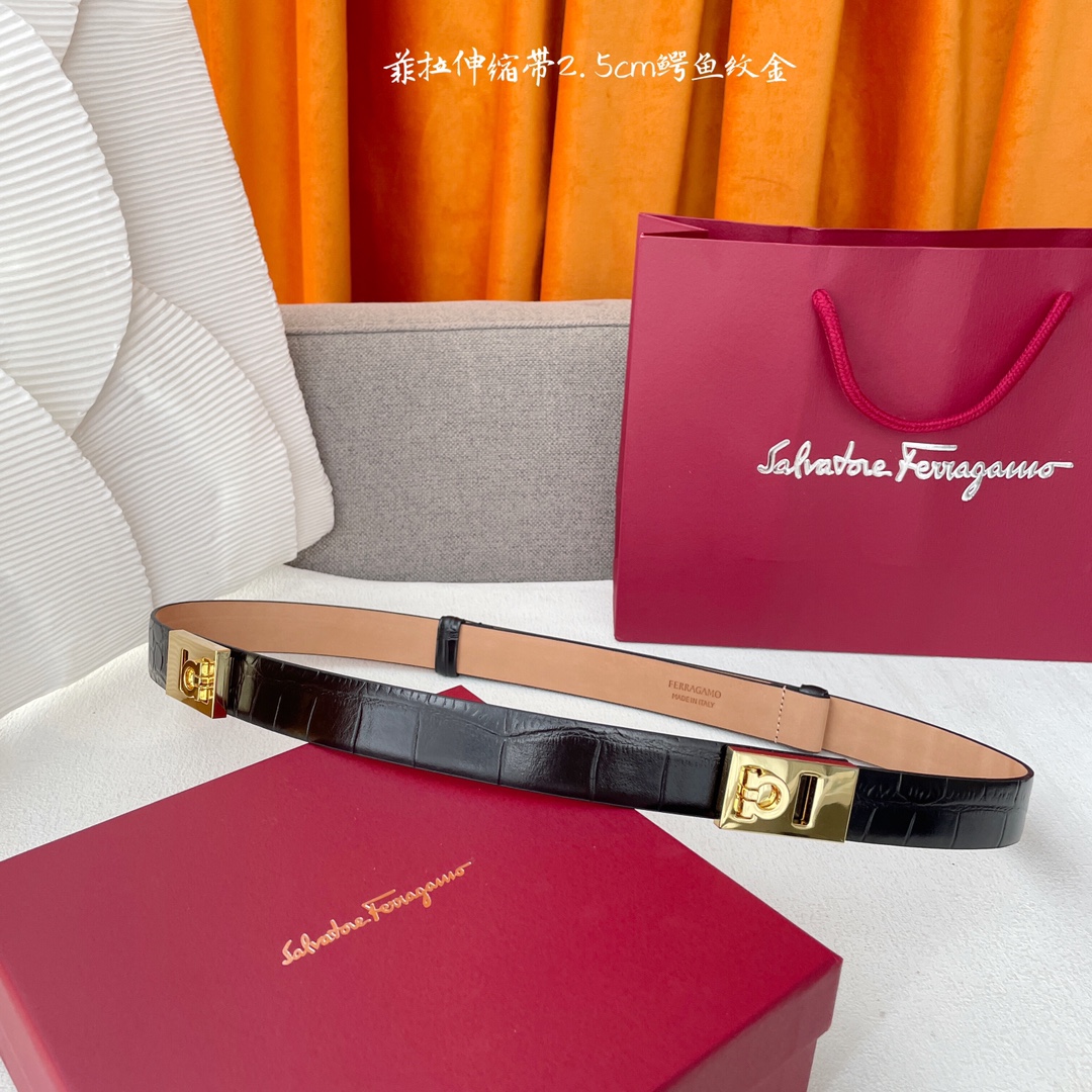 Ferragamo Women's Extendable Hug Belt In Brown/Black Calfskin With Gold/Silver Hardware 25mm
