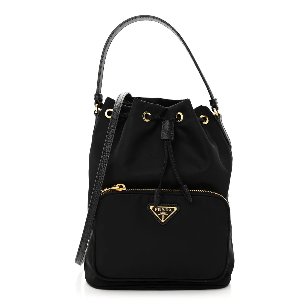 Prada Mini Bucket Crossbody Bag Black Saffiano Leather & Tessuto Nylon Brass Hardware