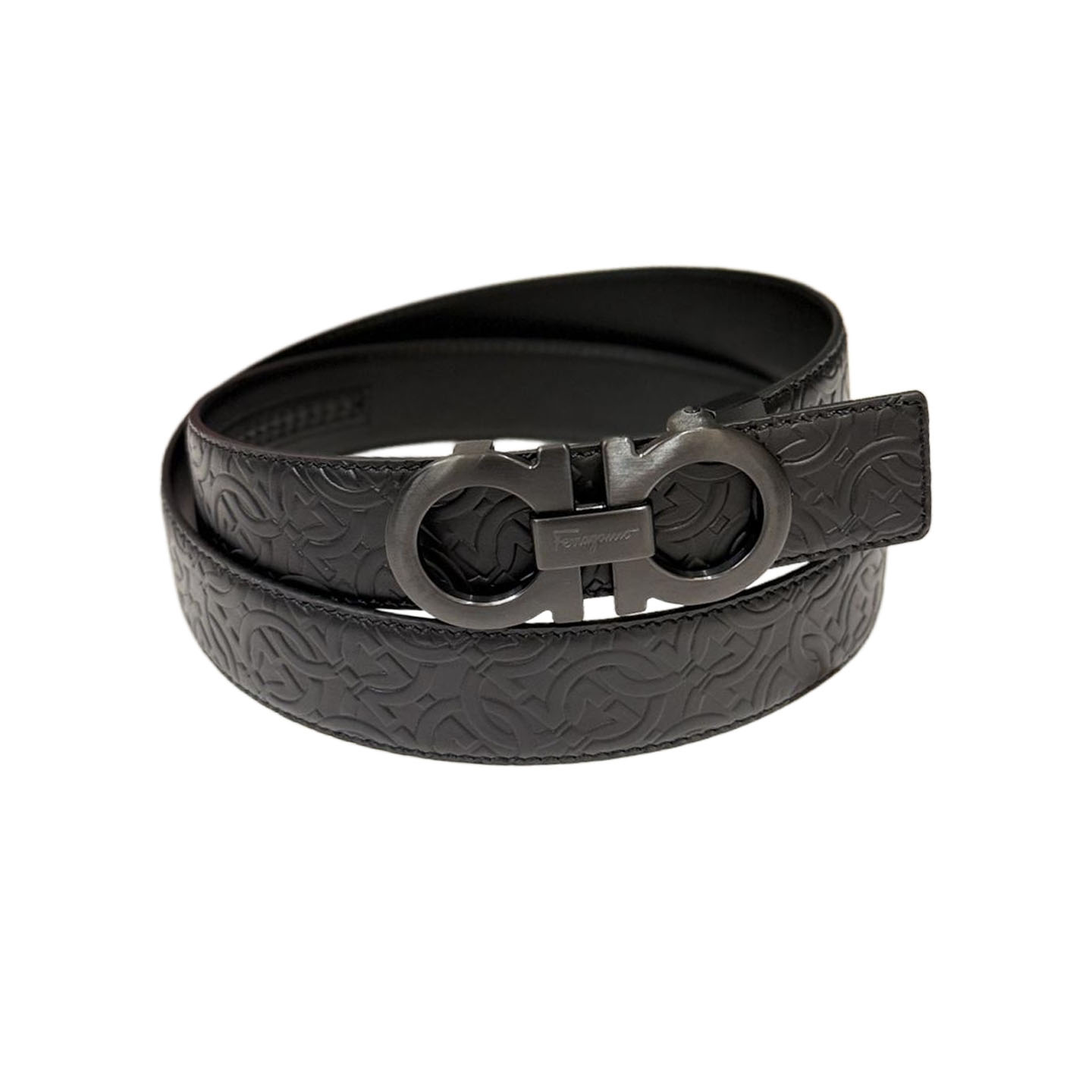 Ferragamo Men's Double Gancini Buckle Reversible Belt In Black/Coffee Grained Calfskin With Gold/Silver Hardware 35mm