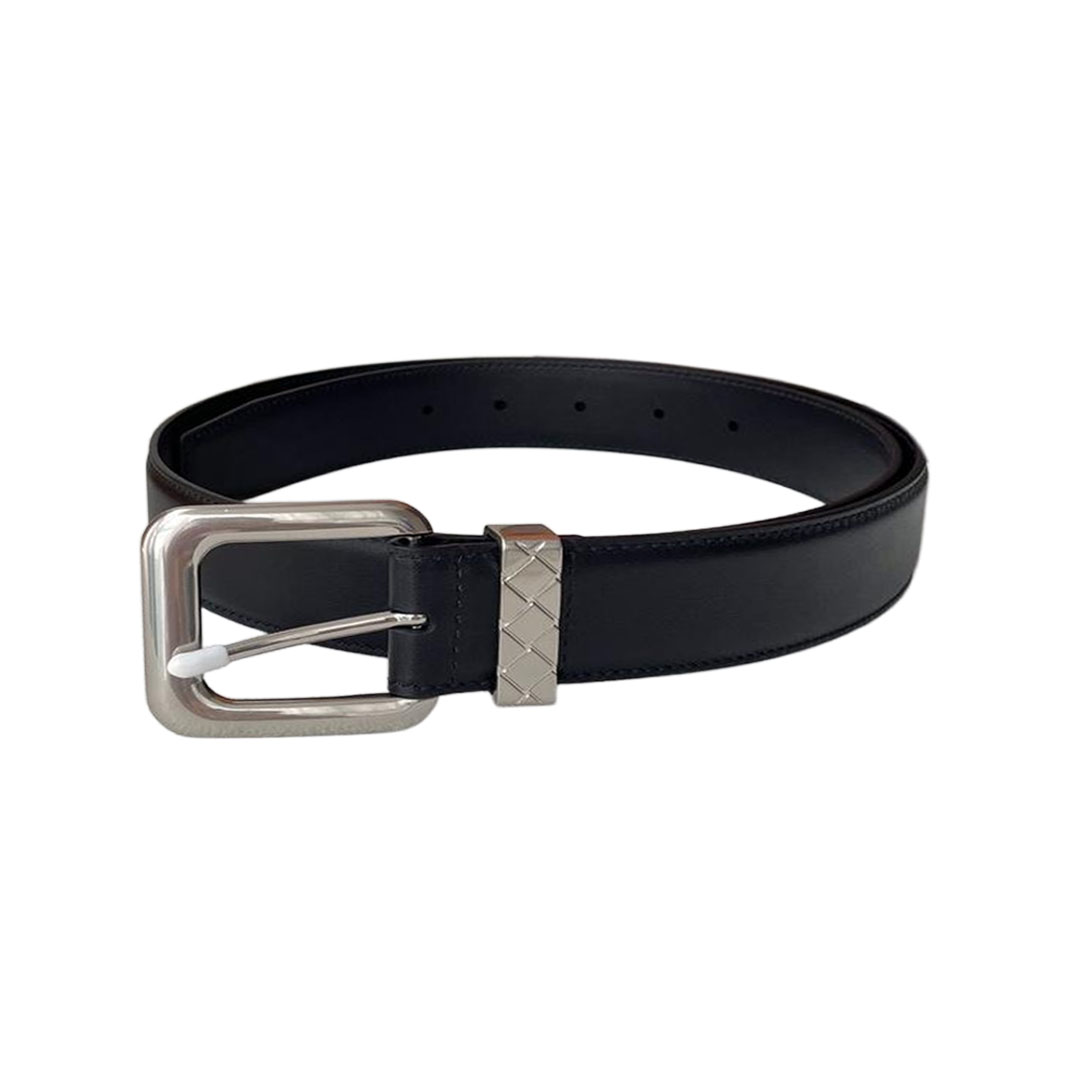 Bottega Veneta Men's Square Buckle Reversible Belt In Black Smooth Calfskin With Silver Hardware 35mm