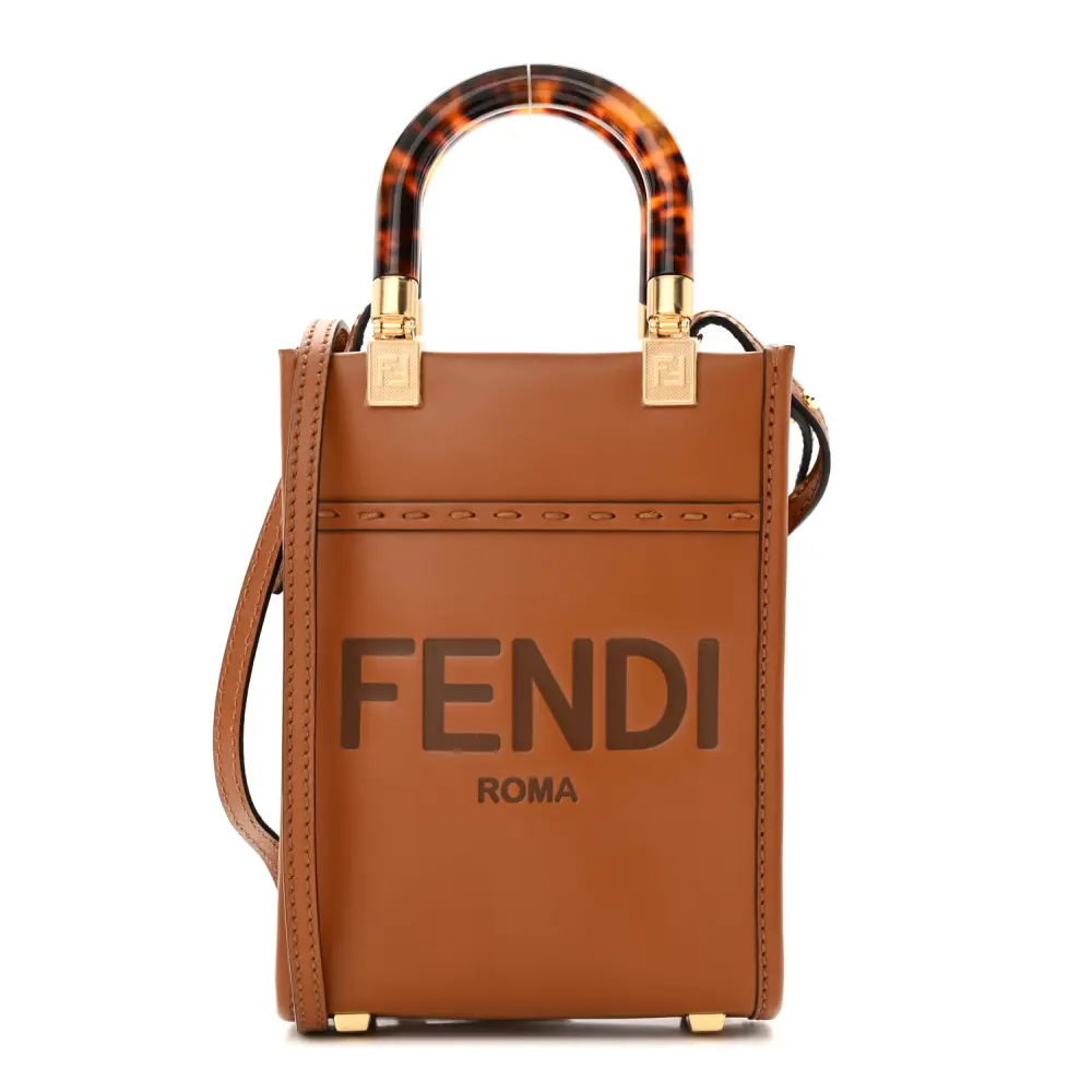 Fendi Mini Logo Embossed Fendi Sunshine Shopper Tote Cuoio King Vitello Leather & Plexiglass Gold Hardware