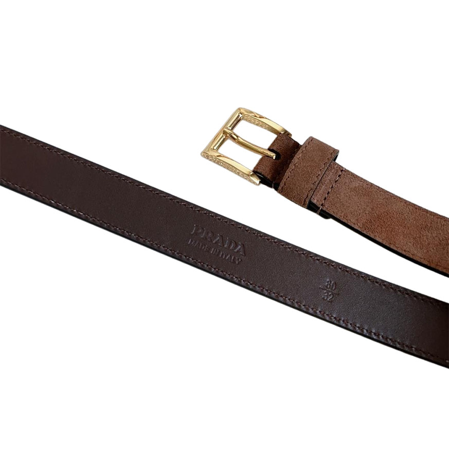 Prada Women' s Square Buckle Belt In Brown/Black Suede Calfskin With Gold/Silver Hardware 25mm