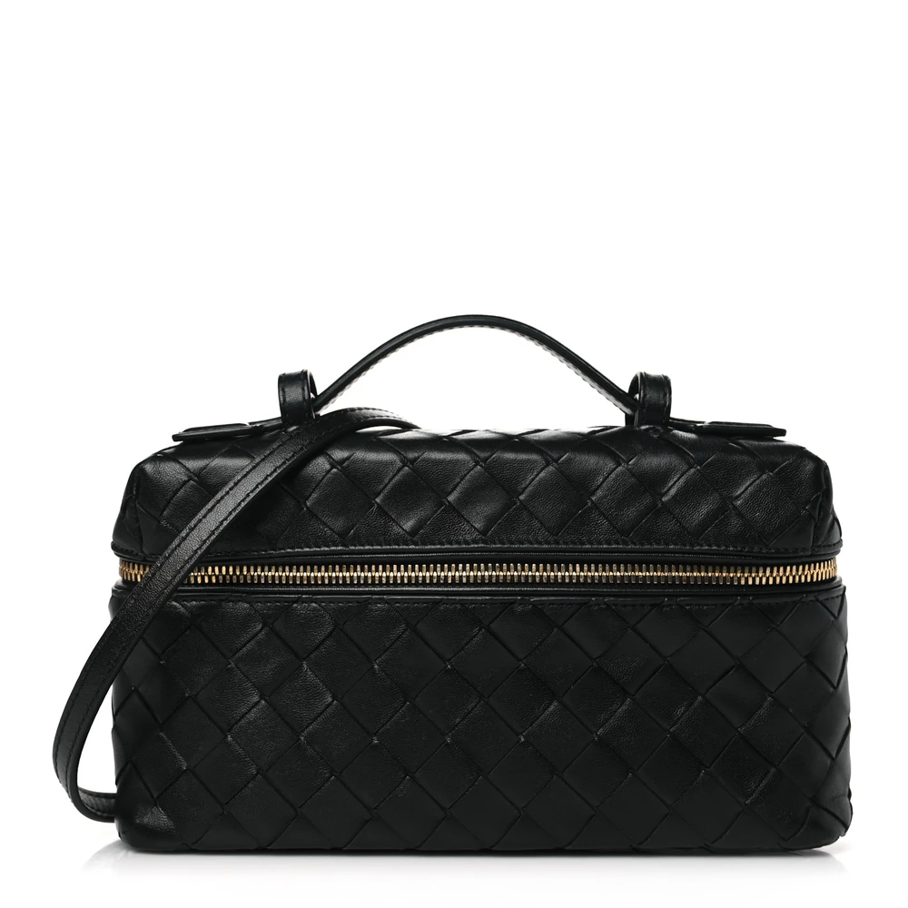 Bottega Veneta Medium Intrecciato Bang Bang Vanity Case Black Calfskin Leather Gold Hardware