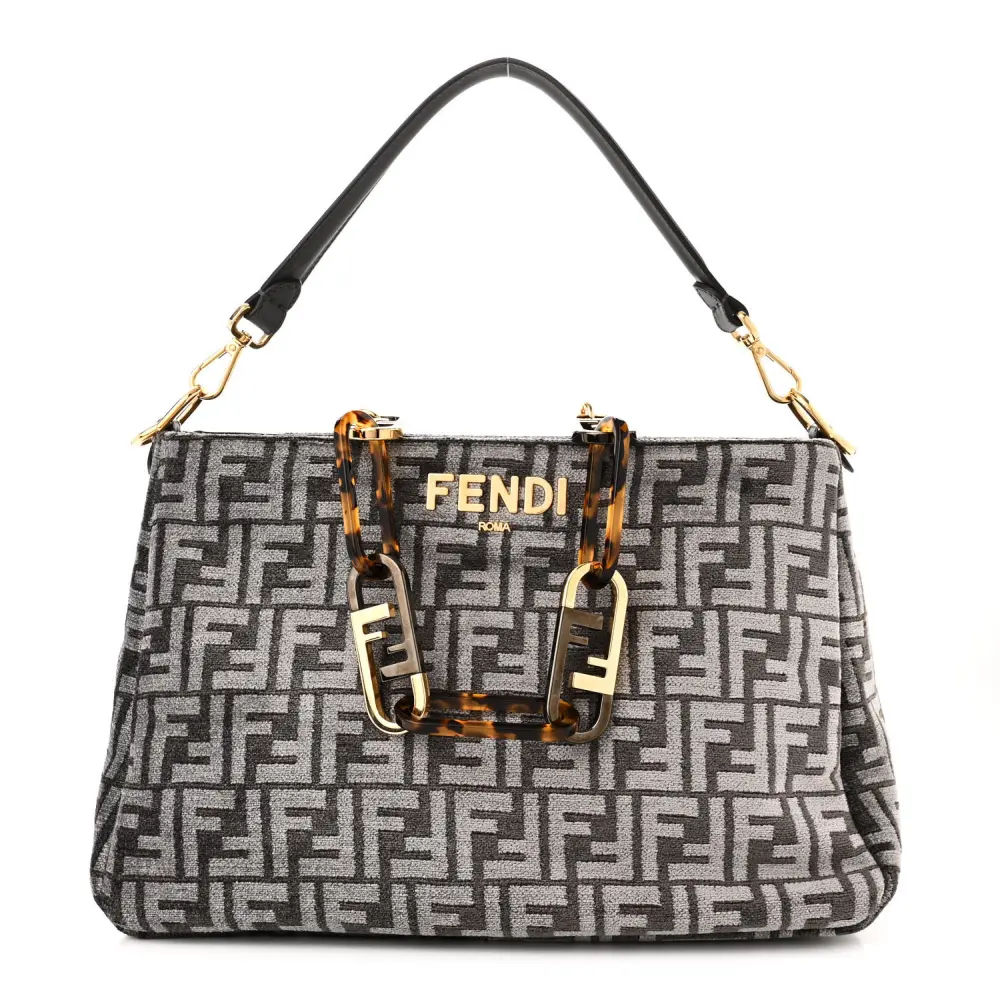 Fendi FF Fendi O'Lock Zipper Anthracite/Asfalto Chenille, Vitello Seta Leather, & Plexiglass Mixed Metal Hardware
