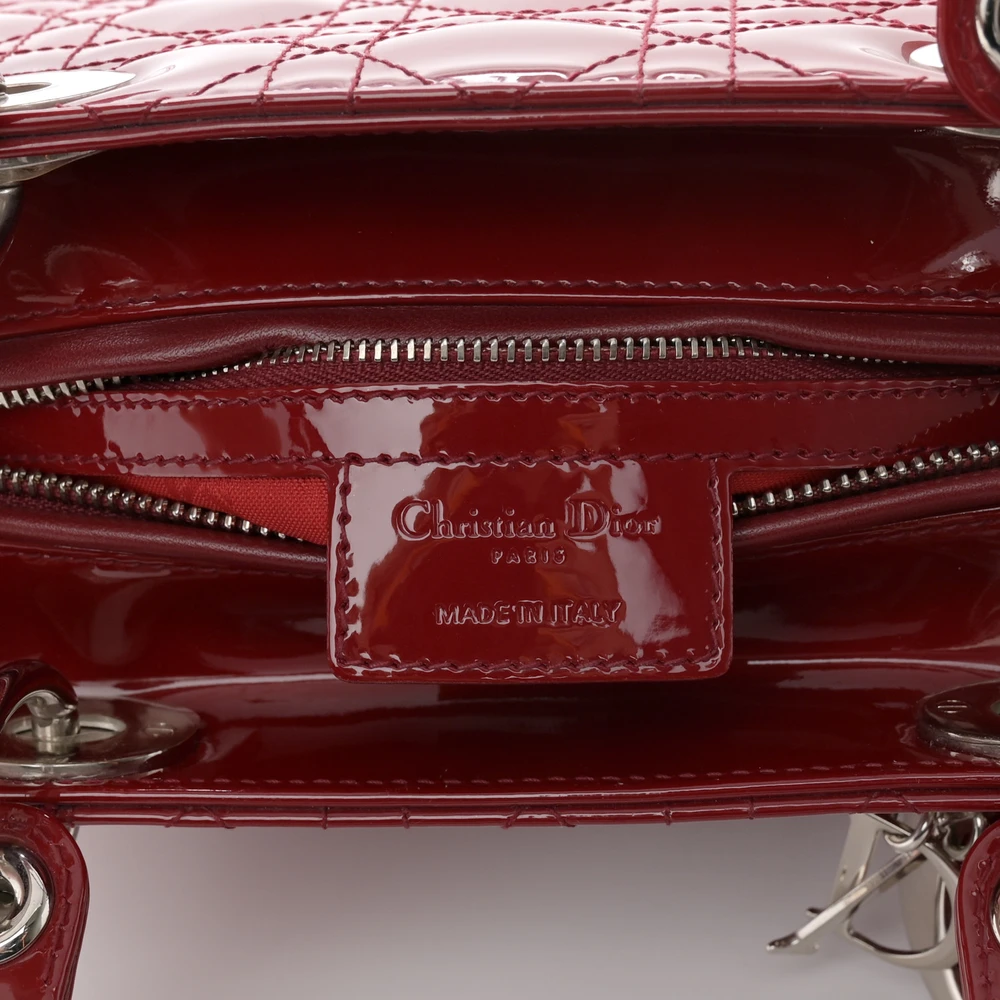 Dior Medium Lady Dior Dark Red Patent Cannage Calfskin Leather Silver Hardware