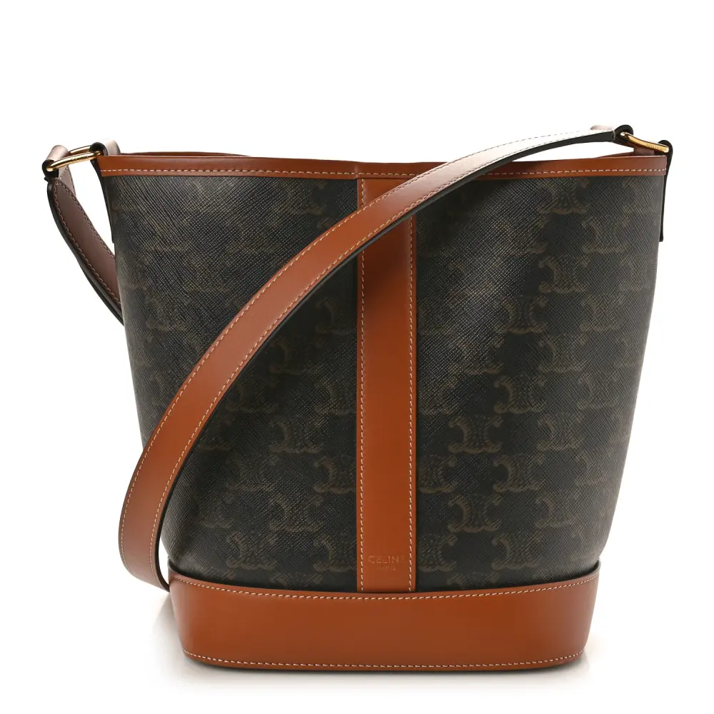Celine Small Bucket Bag Tan Triomphe Canvas & Calfskin Leather Gold Hardware