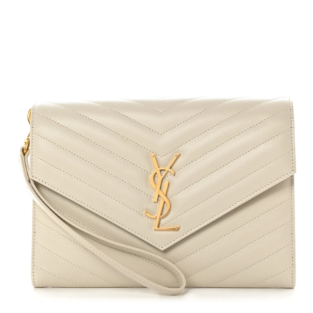Saint Laurent Medium Envelope Clutch Blanc Vintage Chevron Monogram Grain De Poudre Matelasse Leather Gold Hardware