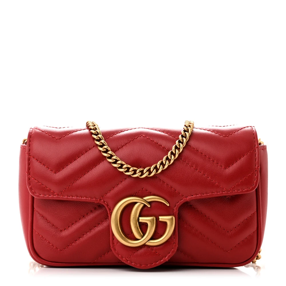 Gucci Super Mini GG Marmont Shoulder Bag Hibiscus Red Calfskin Matelassé Leather Gold Hardware