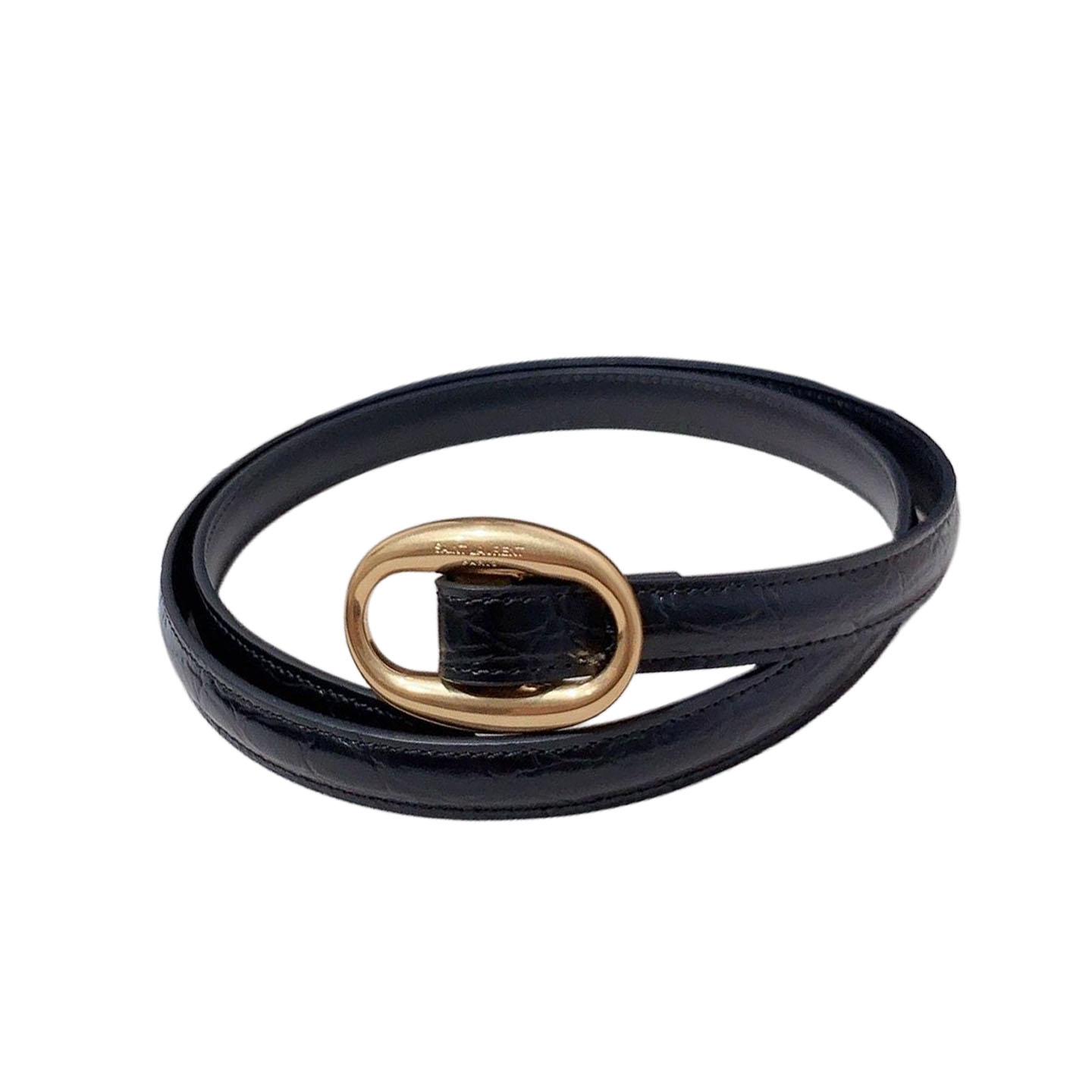 Saint Laurent Oval Buckle Thin Belt In Black Calfskin With Gold/Silver Hardware 15mm