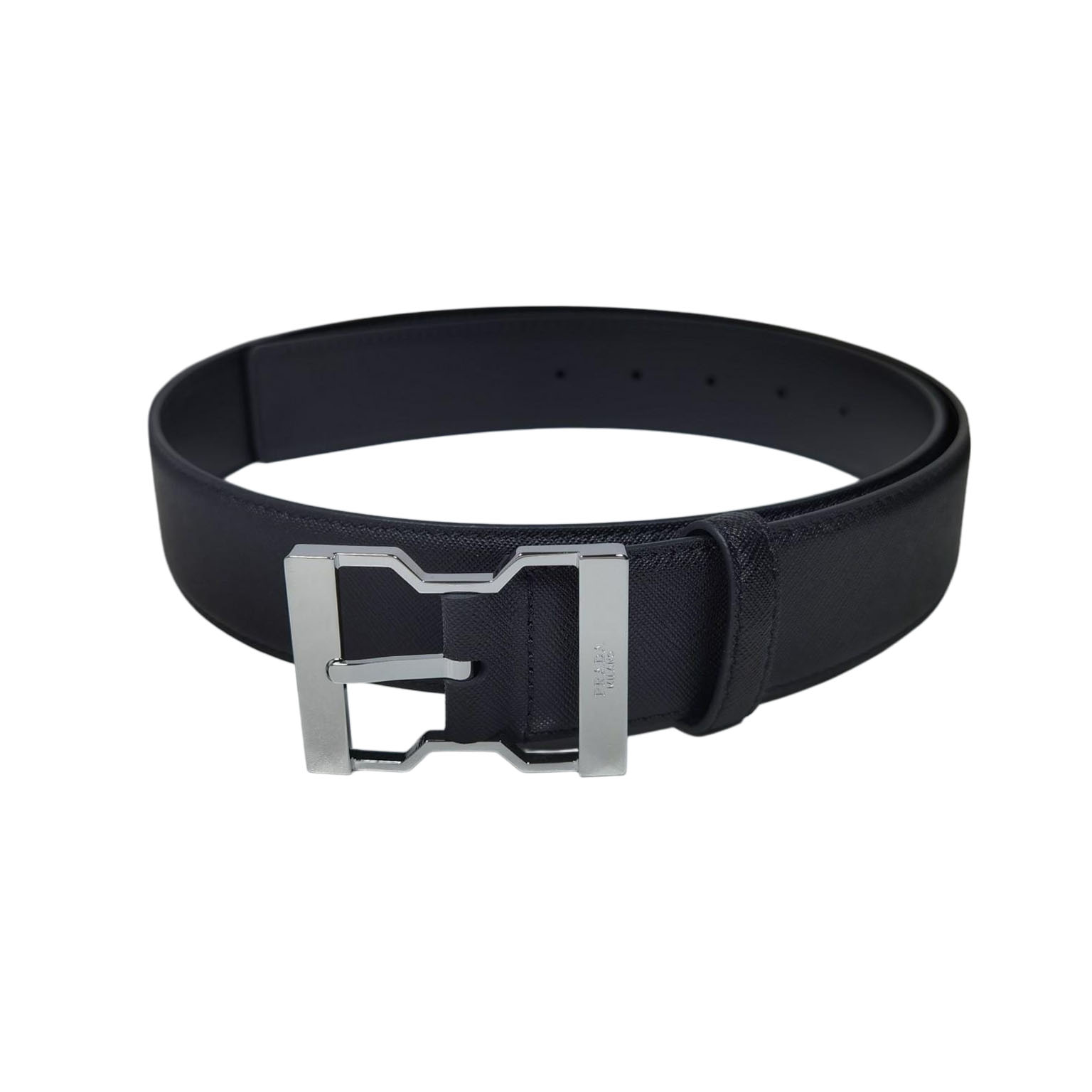Prada Men' s Irregular Buckle Belt In Black Saffiano Calfskin With Black/Silver Hardware 40mm